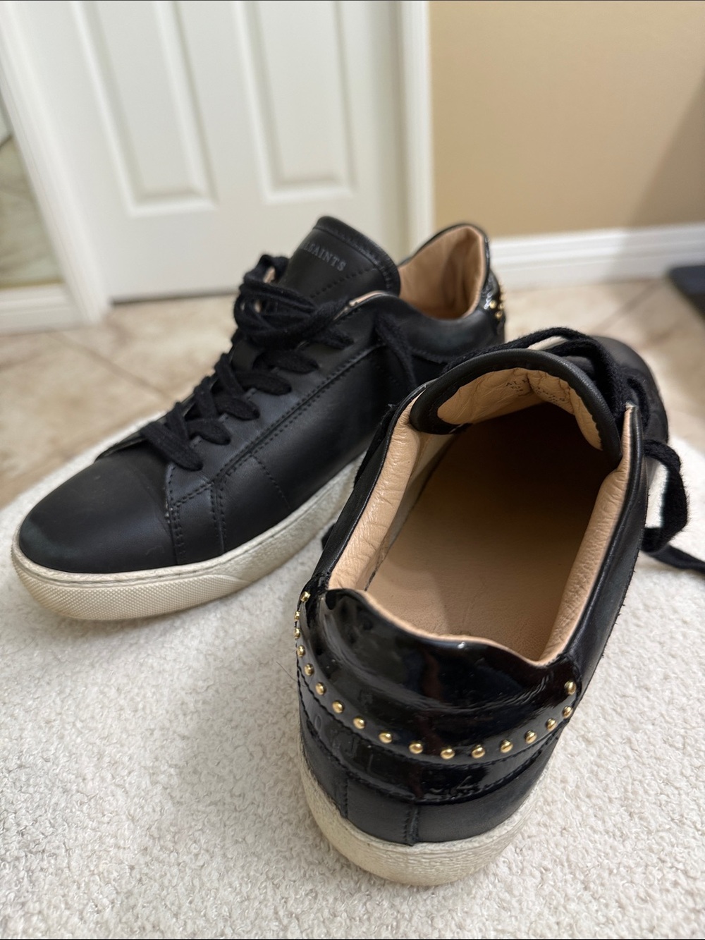 AllSaints Black Leather Women’s Low-Top Sneakers with Distressed Look - Picture 3 of 5